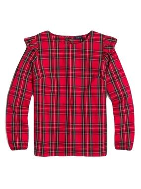 NEW J Crew Womens Size XS Red Black Tartan Plaid Ruffle Trim Woven Cotton Top